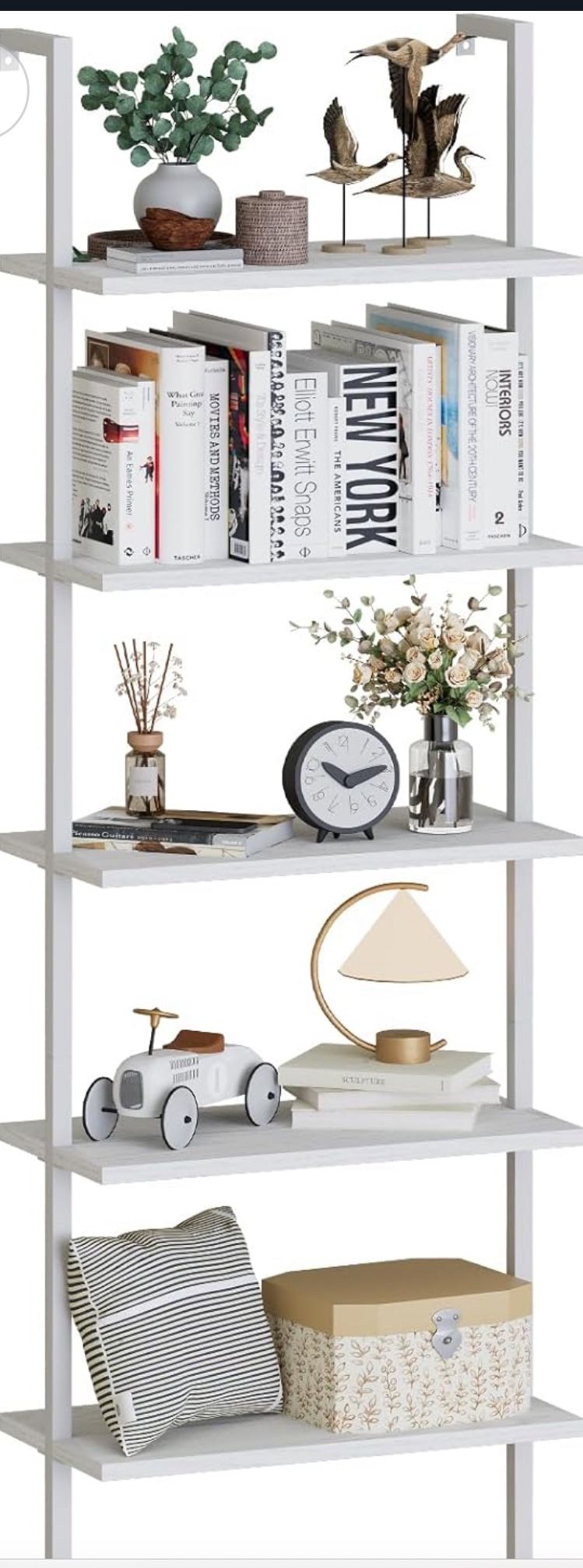 Aboxoo Ladder Shelf White Wooden Bookshelf 5-Tier Wall-Mounted Open Wood Rack