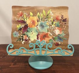 Pioneer Woman Cookbook Holder Stand Willow Floral Turquoise Acacia Wood