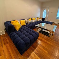 Blue Velvet Double Chaise Sectional, Seccional, Couch 