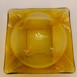 Vintage Amber Glass Cigar Ashtray Square Mid Century Modern Heavy .64LB 4.5In