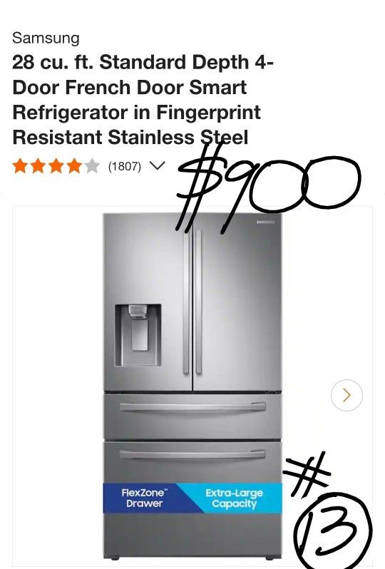 Samsung
28 cu. ft. Standard Depth 4-Door French Door Smart Refrigerator in Fingerprint Resistant Stainless