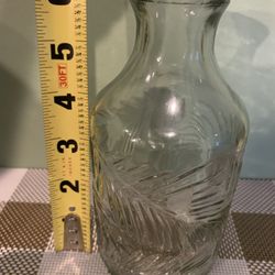 New 6 Inch Tall Thick Glass Tapered Case W/ Raised Glass Leave/ Feather Design All Around, 3 Inches Wide At Base