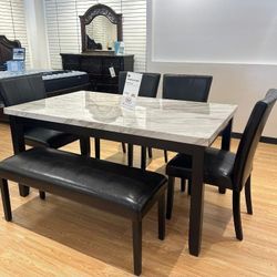 6 Pcs Dining Room Set Marbe Table 4 Chairs and Bench Tanner