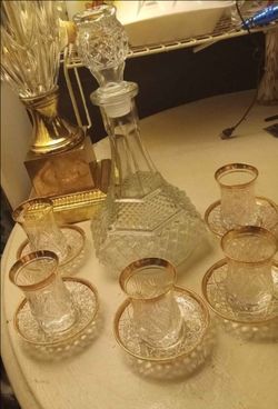 Crystal Decanter Set with Gold-Rimmed Glasses