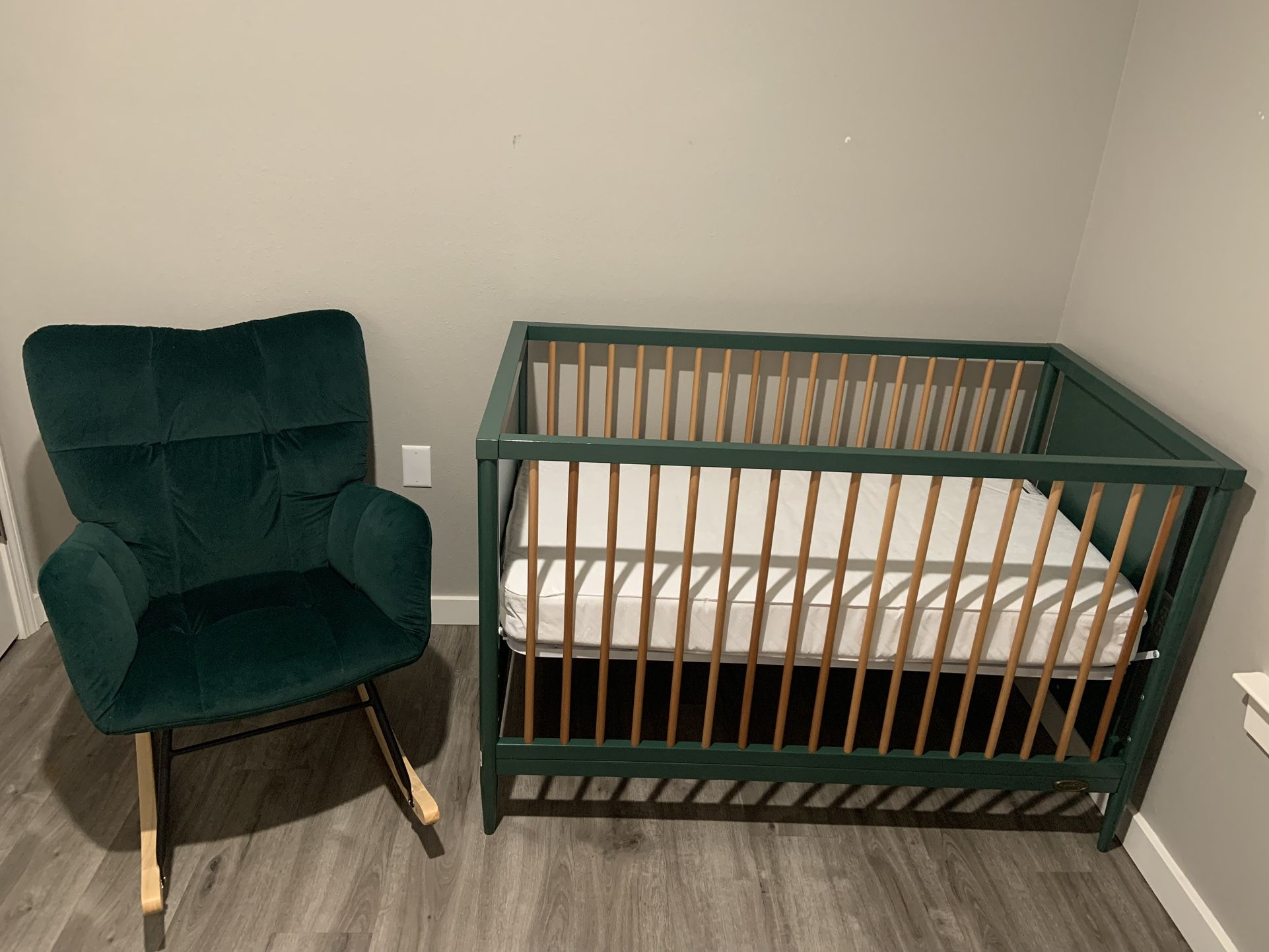 3 in 1 Dream On Me (olive/natural) Crib + Velvet Green Rocking Chair