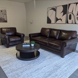 High-End Full Leather Sofa & Chair - Like New - Free Delivery