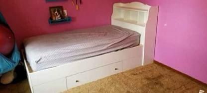 White Twin Size Bed Frame With Bookcase And Drawers + mattress