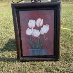 20lb Framed painting Of white Irises On Metal with Metal Frame 27x39