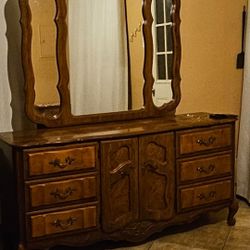 Vintage Wooden Dresser With Attached Mirror And 2 Matching Night Stands . Bedroom Set. Dark Wooden Furniture