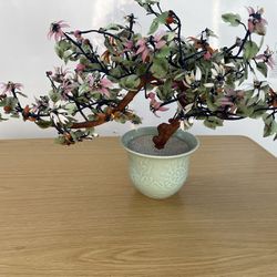 Chinese Peking Glass Jade Bonsai Tree In Celadon Planter