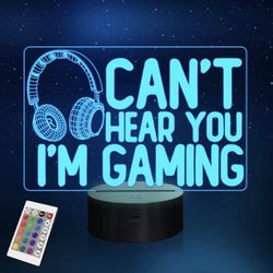 uanDian Can't Hear You I'm Gaming Night Light, Headset Graphic Video Games Gamer Gift Funny 3D Illusion Lamp 16 Colors Changing Touch & Remote Control