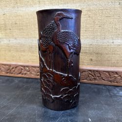 Antique Chinese Scholars Carved Bamboo Paint Brush Pot Feng Shui Qing Dynasty