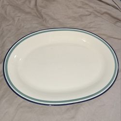 Vintage Riverview blue, green striped oval serving platter Pfaltzgraff 