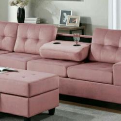 HEİGHTS PINK VELVET RESERVIBLE SECTİONAL SOFA WITH STORAGE OTTOMAN