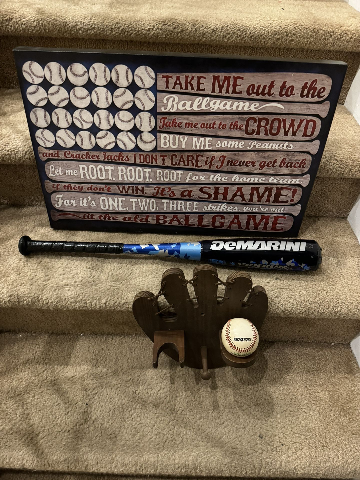 Youth Baseball Decor Lot with Demarini Bat, Baseball, Wood Glove Shaped Storage And Take Me Out To The Ball Game Canvas Room Sign 