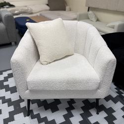Brand new Upholstered Chenille Vanity Barrel Accent Chair with Metal Legs, Channel Tufted Lounge Chair, Ivory  $ 139  Pickup: 📍 3749 Scott Futrell Dr