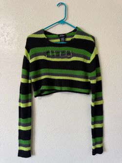 Social Collision Emo Grunge Neon Green Striped Acrylic Top Long Sleeve Sweater Size M