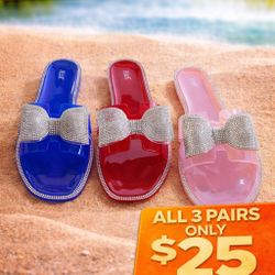Size 10 Slide Sandals (3 Pairs) – Blue, Red & Pink 💎 BRAND NEW!