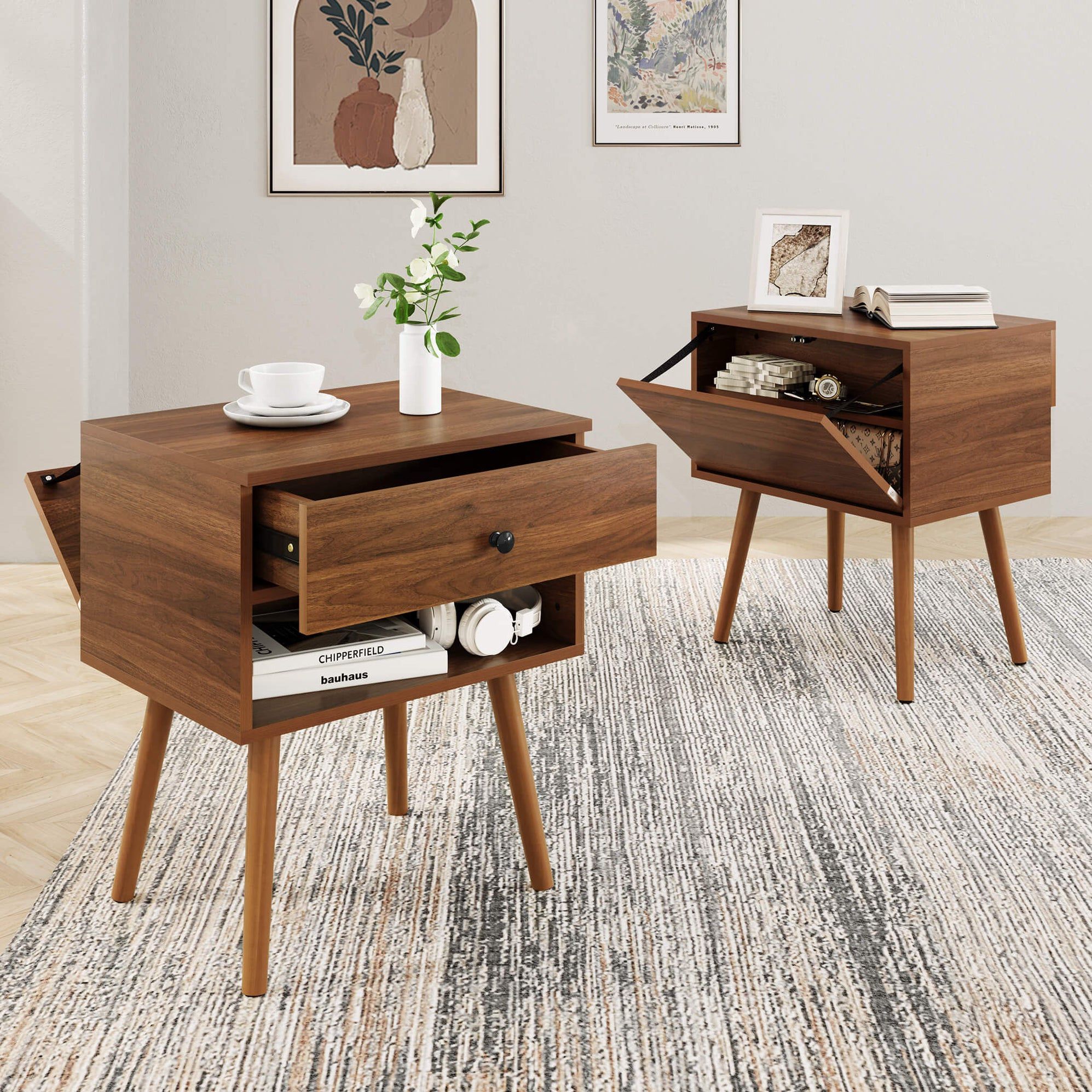 2 Pcs Set Of Brown Blair 2-layer Hidden Storage Side Table