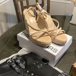 Two Pair Of Wedge Shoes And A Purse