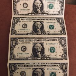 1981 Uncut US One Dollar Bills Set Of 4