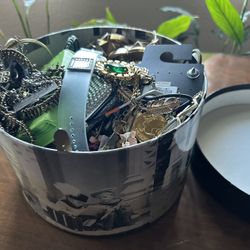 mixed box of jewelry lot vintage old maybe gold silver watch bracelet necklace earrings ear rings
