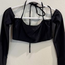 Black Long Sleeve Cropped Top Ties Around Neck Smocked Sleeves Size. M 