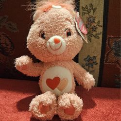 VALENTINES DAY CARE BEARS LIL FLUFFY CURLY PINK  2 HEARTS TEDDY BEAR PLUSH TOY W/ TAGS  
