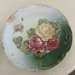 Vintage PM Bavaria Decorated Large Plate Porcelain Moschendorf Bavaria Pink and Yellow Roses Gold Accents
