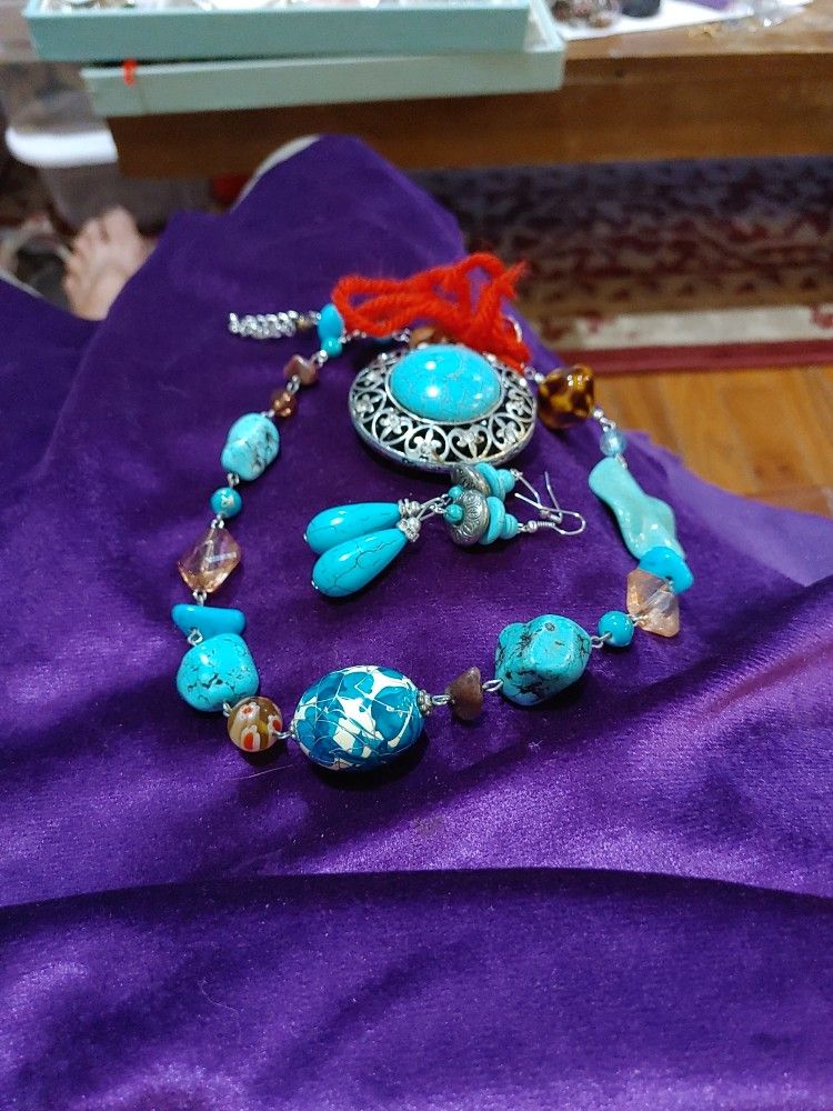 Faux Turquoise earrings, Necklace and Round charm ...