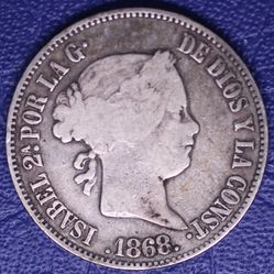 1868 Philippines Spain Queen Isabel 50 Céntimos Silver Coin