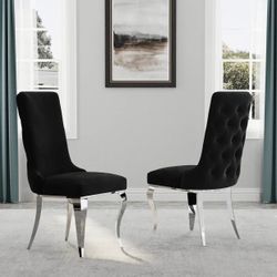 Black and Silver Dining Chair with Velvet Upholstery and Mirrored Silver Cabriole Legs, Heavy Duty H