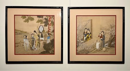 Pair of Antique Chinese Export Paintings Qing Court Figures Custom Framed