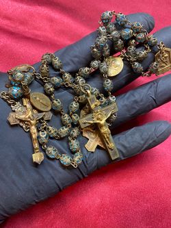 Stunning Antique Catholic Rosary Double-Capped Filigree Blue Crystal Beads