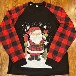Santa Merry Christmas Buffalo Plaid Red Long Sleeve Shirt Women Sizes M