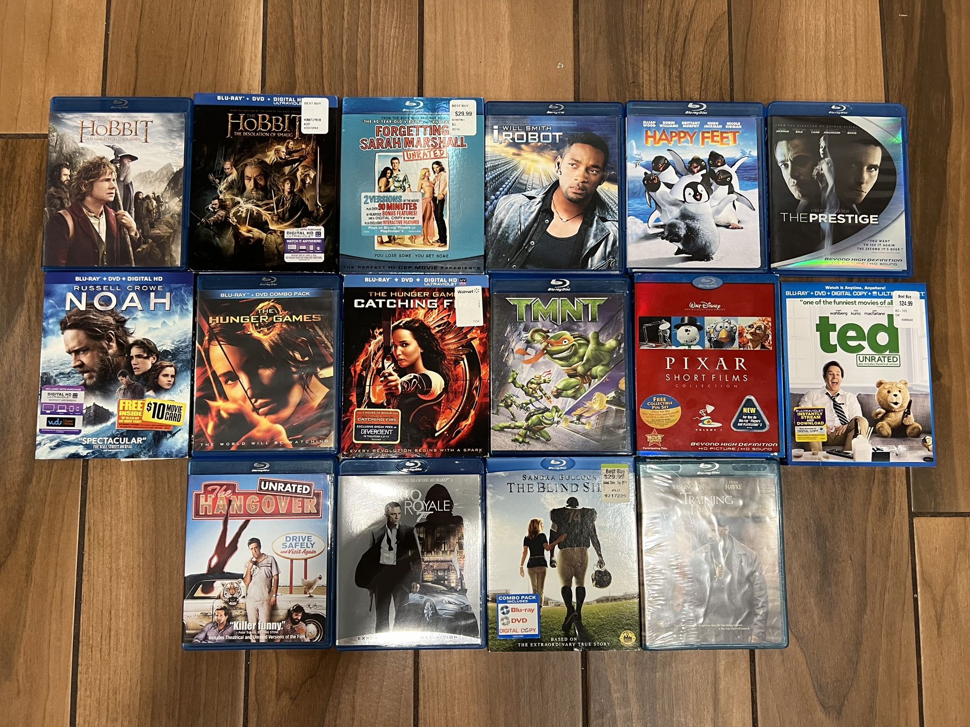 Blu Ray movies ($5 each). Hobbit, Hobbit 2, Forgetting Sarah Marshall, I,Robot, Happy Feet, The Prestige, Noah, Hunger Games 1, Hunger Games Catching