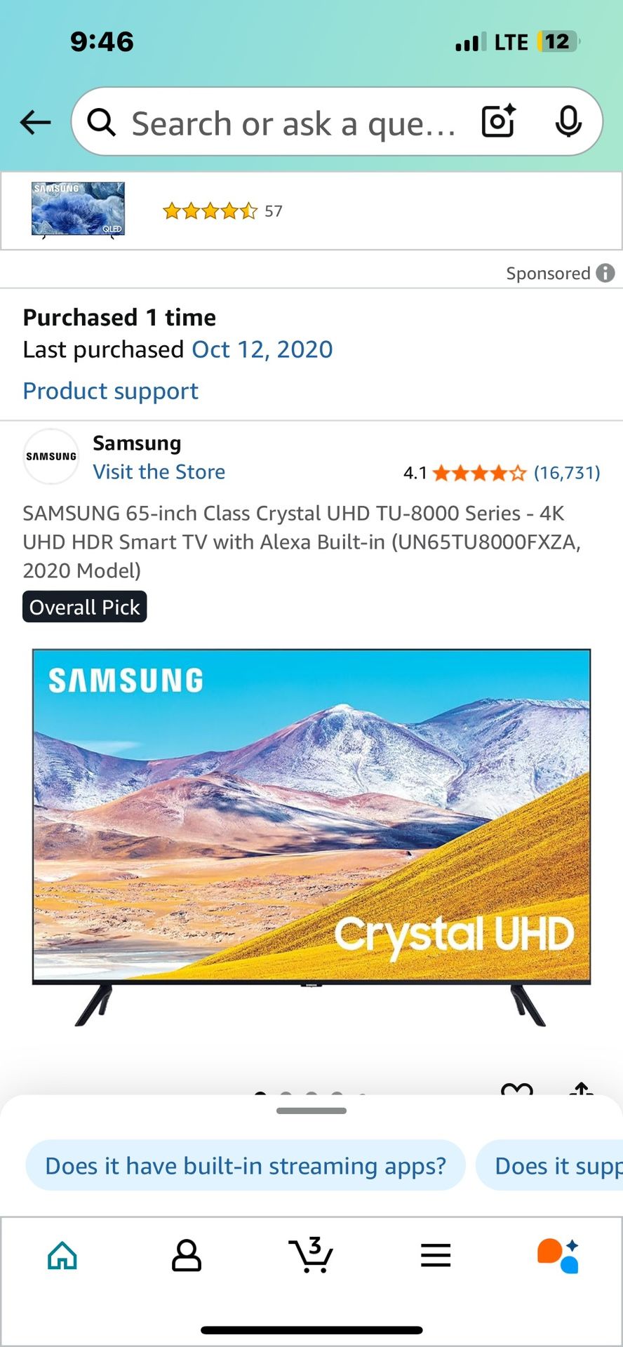 SAMSUNG 65-inch Class Crystal UHD TU-8000 Series - 4K UHD HDR Smart TV with Alexa Built-in (UN65TU8000FXZA,