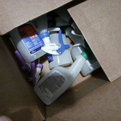 Box of cleaning bottles for a professional kitchen or sanitizing your own home