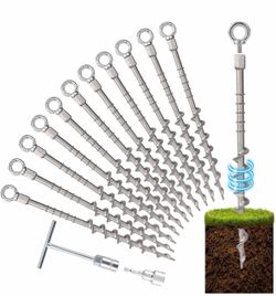 12 Pcs 14" Ground Anchors, Screw in Tent Stakes, Heavy Duty Cast Aluminum, 8mm Adapter & Loops, Drill-Ready & Detachable, Fits Canopy, Tarp, Sand, Tra