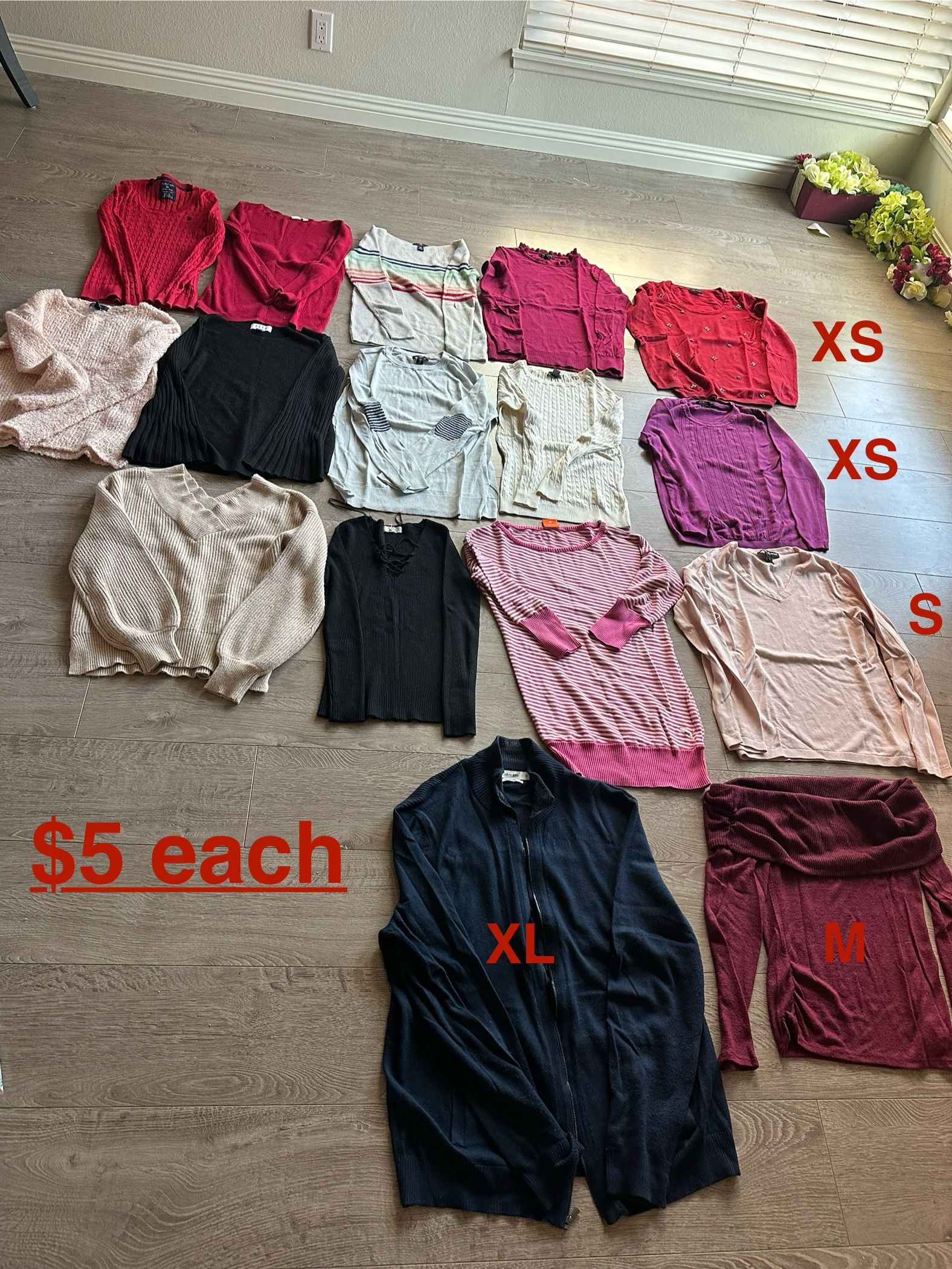 $5 each sweater top XS-S mostly. Brands like GAP, BANANA REPUBLIC, TOMMY Hf., PUMA, CK, US Polo