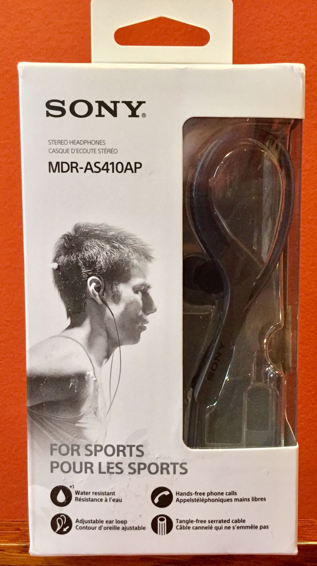 Sony MDR-AS410AP/B Stereo Headset Headphones Sports Active Running Working Out Water Resistant Hands Free Phone Calls Tangle Free Adjustable Ear Loop