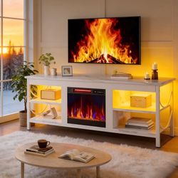 Pinmoco Electric Fireplace TV Stand for TVs up to 65", LED Entertainment Center with Adjustable Shelves, Media Console Table for Living Room, Bedroom,