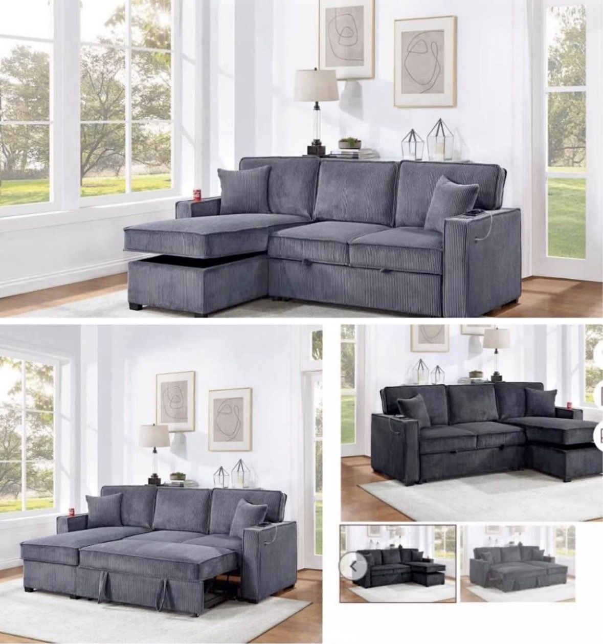 $369.     2-PCConvertible Sectional  Sleeper Sofa W/ Cupholder Sofa Storage & USB Ports  89”x 59”X36”H
