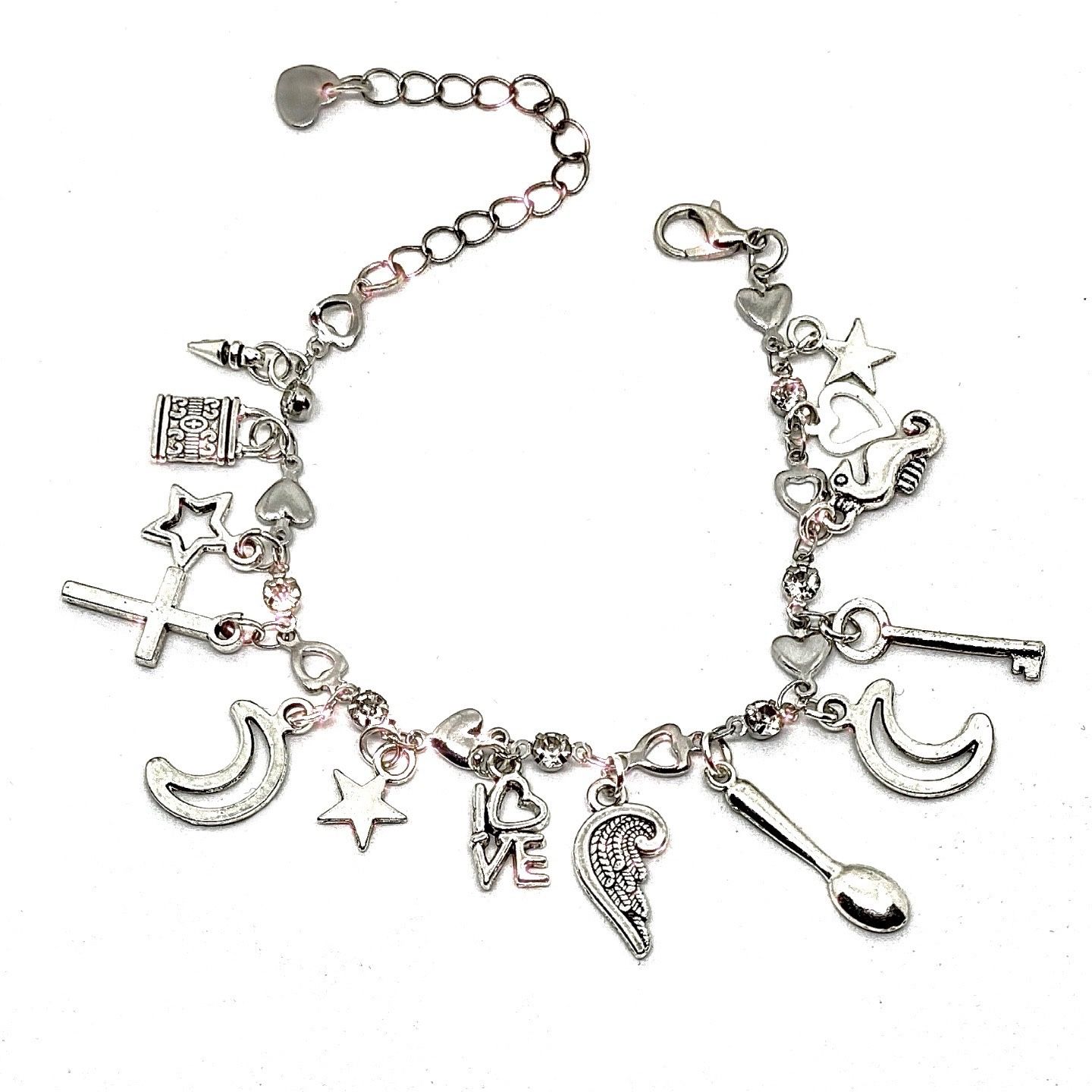 Dainty Silver Alloy Fashion Charm Bracelet With Zircon Crystals & Small Charms