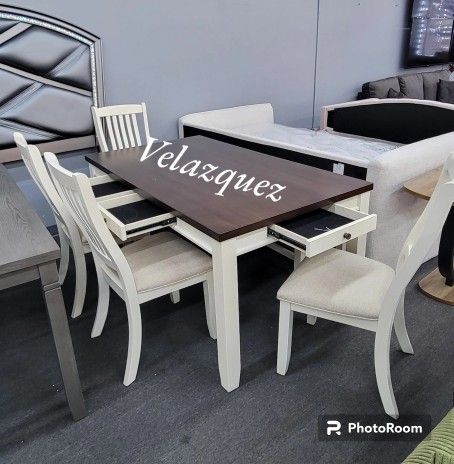 ✅️✅️6 pc Cottage country two tone off white and walnut finish wood dining table set with bench (Limited quantity)