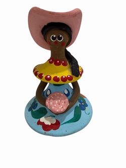 Hand Painted Folk Art Woman Figurine Pink Hat Colorful Dress 4.5”