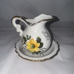 Vintage Enesko White Ceramic Creamer Pitcher With Bowl 