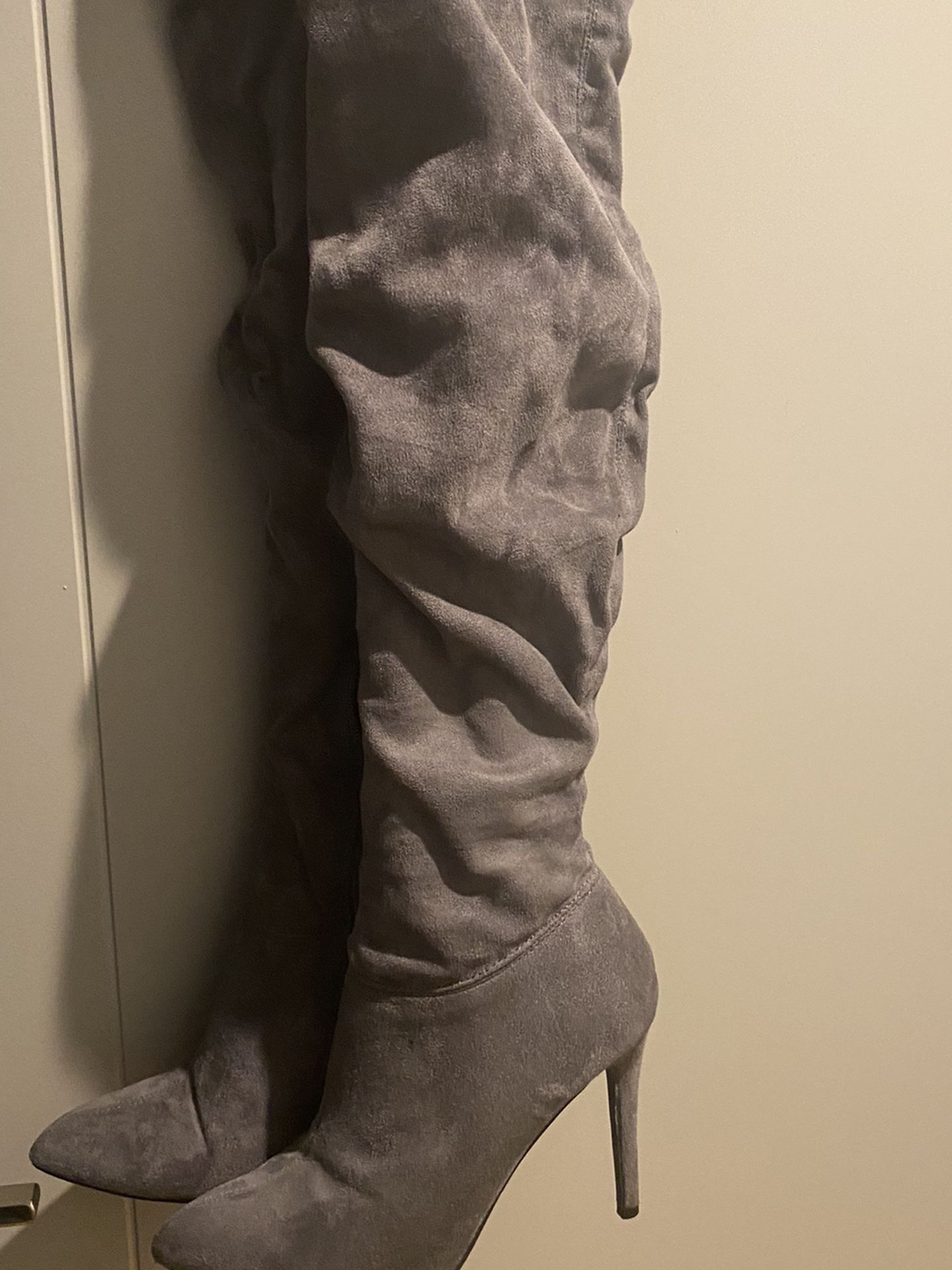 Grey Thigh High Suede Boot