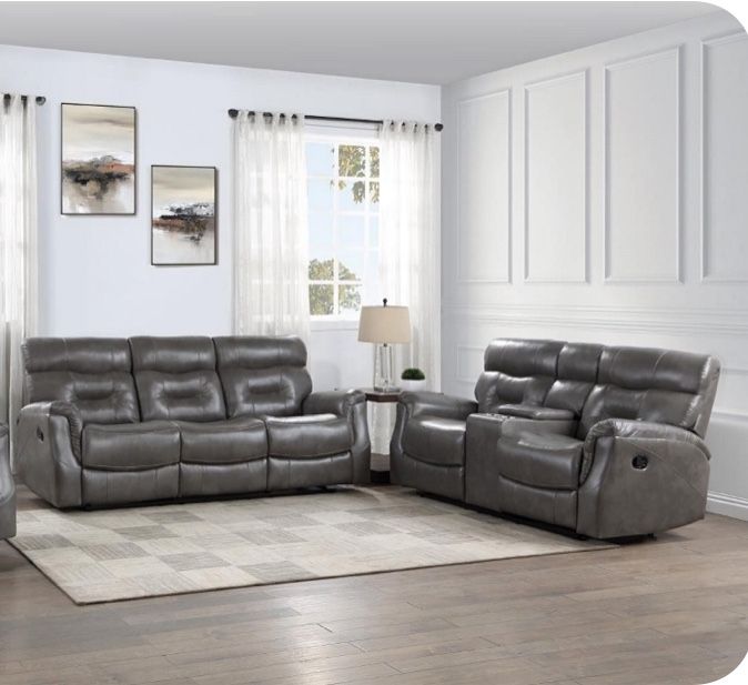 Gray Leather Full Reclining Loveseat And Couch 