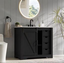 Farmhouse Bathroom Vanity with Sink Combo, 36" Sliding Barn Door Bathroom Vanities w/Ceramic Basin & 4 Drawers, Freestanding Thicken Single Sink Cabin